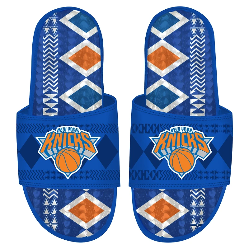 Men's ISlide Blue New York Knicks Shooting Touch Rwanda Pattern Gel Slide Sandals