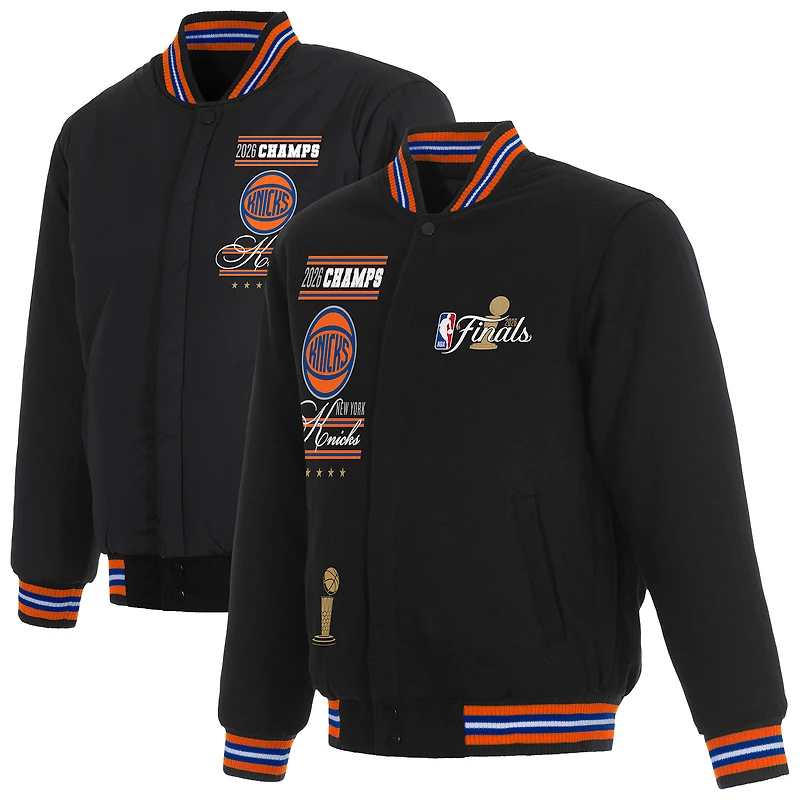 Veste réversible en laine noire à boutons-pression pour homme JH Design New York Knicks, champions des finales NBA 2026