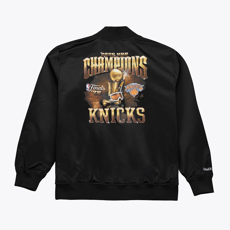 Veste Mitchell & Ness noire pour homme, New York Knicks, champions des finales NBA 2026, en satin à boutons-pression.