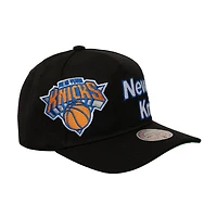 Men's Mitchell & Ness  Black New York Knicks Busted Logo Wordmark Wrap-Around Pro Pinch Adjustable Hat