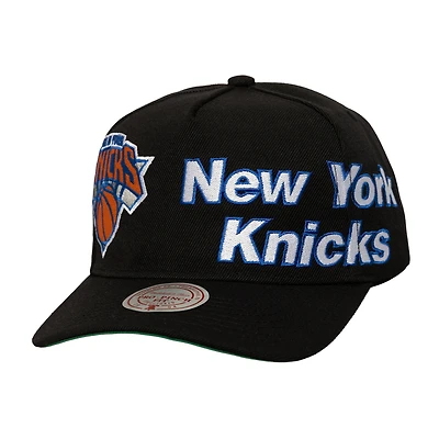 Men's Mitchell & Ness  Black New York Knicks Busted Logo Wordmark Wrap-Around Pro Pinch Adjustable Hat