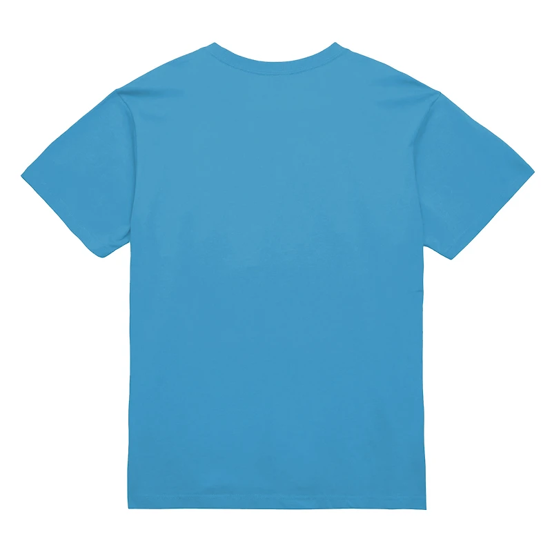 Men's Mitchell & Ness Light Blue New York Knicks Hardwood Classics Arctic Sunset Neon Retro Logo T-Shirt