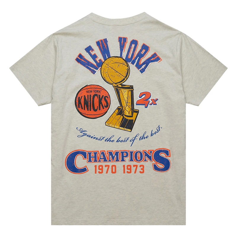 Men's Mitchell & Ness Oatmeal New York Knicks Hardwood Classics Legacy Defined Retro Championship T-Shirt