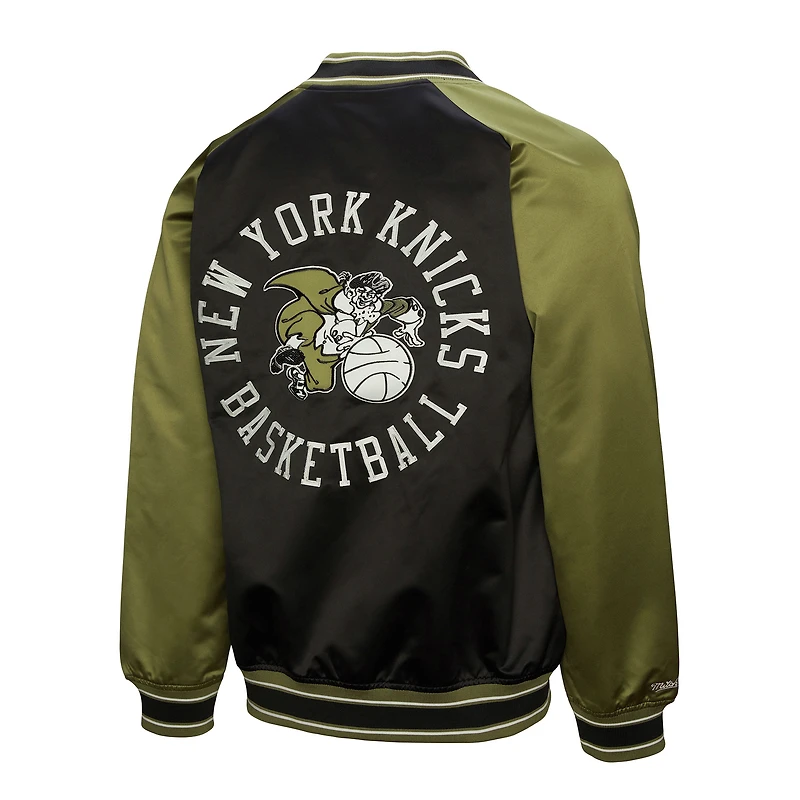 Men's Mitchell & Ness Olive/Black New York Knicks Clutch Satin Raglan Full-Snap Jacket
