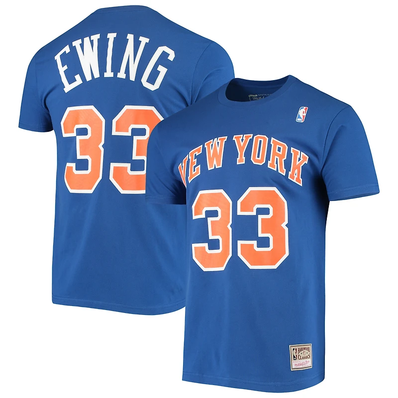 T-shirt pour homme Mitchell & Ness Patrick Ewing Blue New York Knicks Hardwood Classics avec nom et numéro