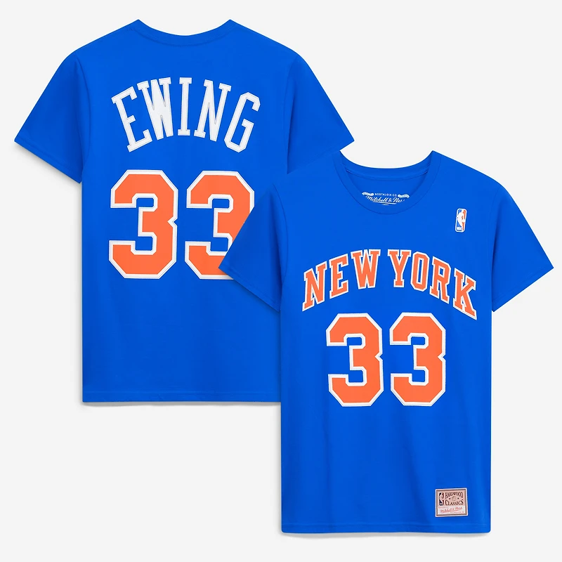 Men's Mitchell & Ness Patrick Ewing Blue New York Knicks Hardwood Classics Stitch Name Number T-Shirt