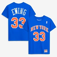 Men's Mitchell & Ness Patrick Ewing Blue New York Knicks Hardwood Classics Stitch Name Number T-Shirt