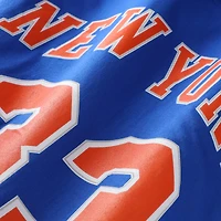 Men's Mitchell & Ness Patrick Ewing Blue New York Knicks Hardwood Classics Stitch Name Number T-Shirt
