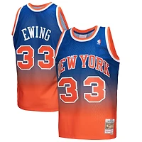 Maillot de joueur Mitchell & Ness Patrick Ewing Orange/Royal New York Knicks 1991/92 Hardwood Classics Fadeaway Swingman pour hommes