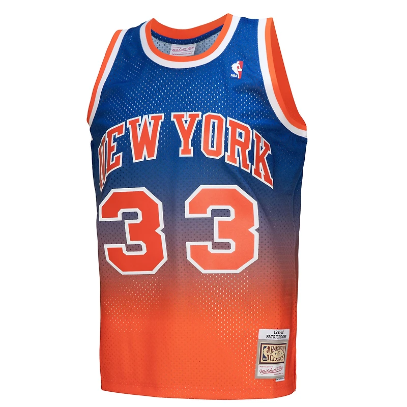 Maillot de joueur Mitchell & Ness Patrick Ewing Orange/Royal New York Knicks 1991/92 Hardwood Classics Fadeaway Swingman pour hommes