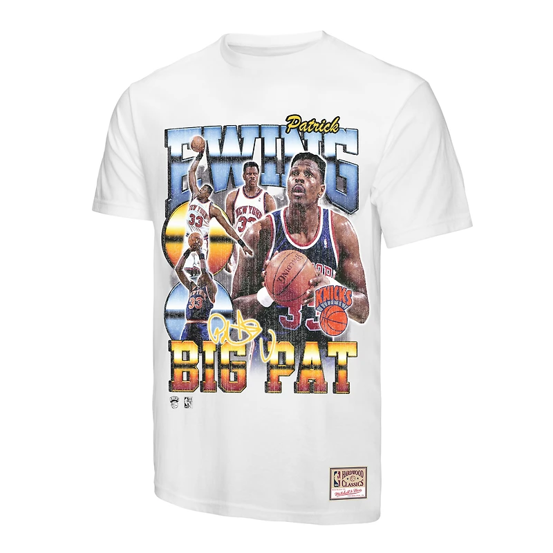 T-shirt commémoratif Mitchell & Ness Patrick Ewing blanc des New York Knicks Hardwood Classics pour homme, motif collage de joueurs