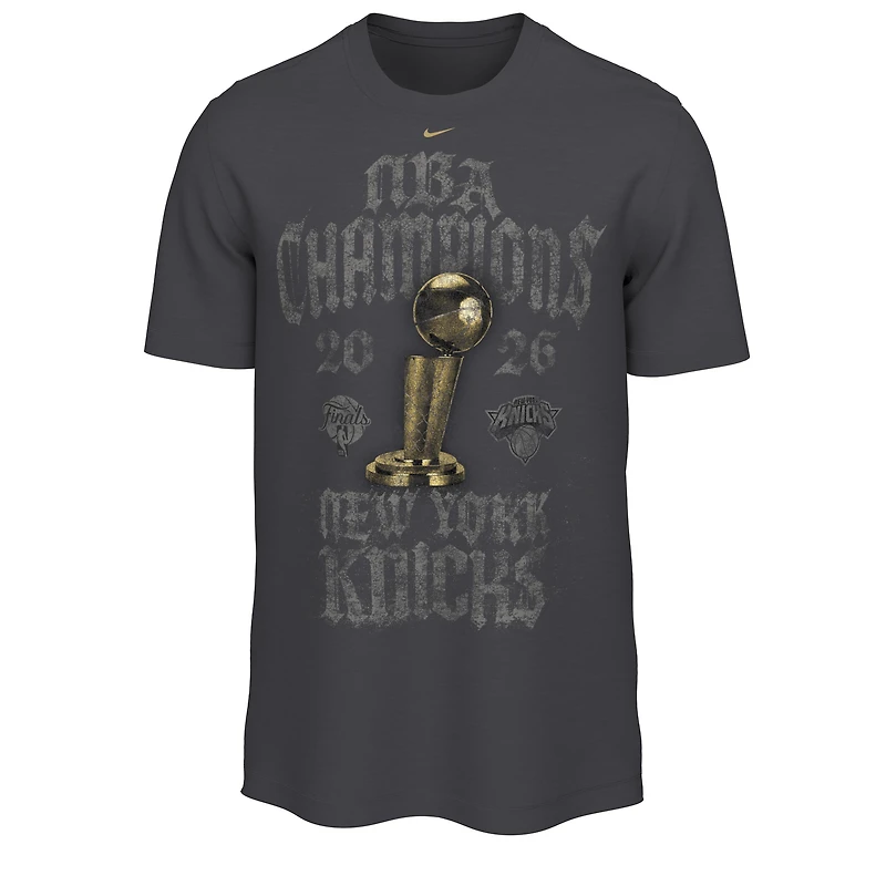 T-shirt Nike Anthracite pour homme, édition limitée New York Knicks, champions des finales NBA 2026, vestiaire