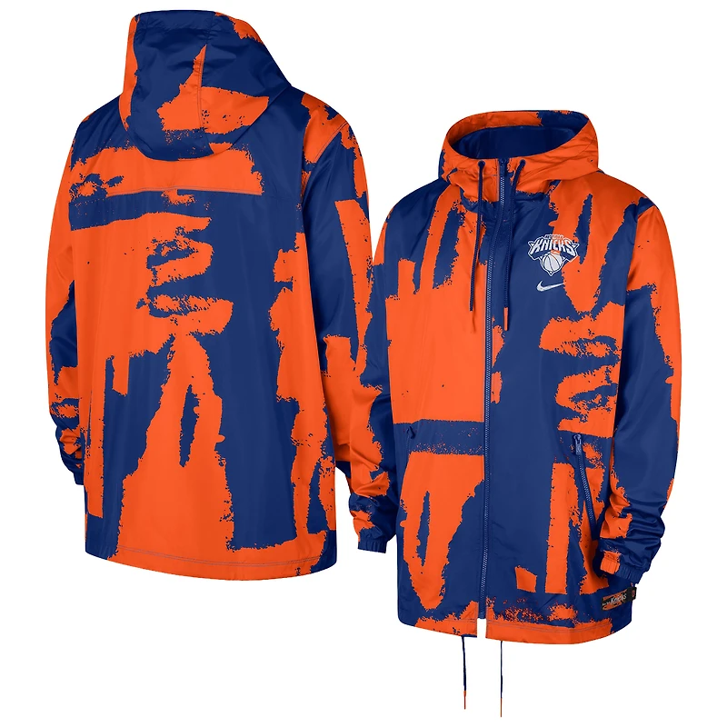 Veste à capuche zippée intégrale Nike Courtside Club Premium tissée, bleue et orange, pour homme, New York Knicks.