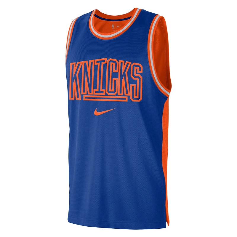 Men's Nike Blue/Orange New York Knicks Courtside Versus Force Split DNA Performance Mesh Tank Top