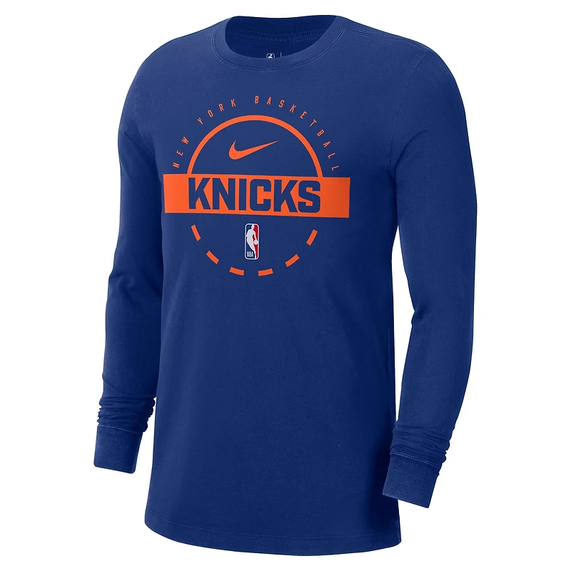 T-shirt d'entraînement Nike bleu authentique à manches longues pour homme, New York Knicks