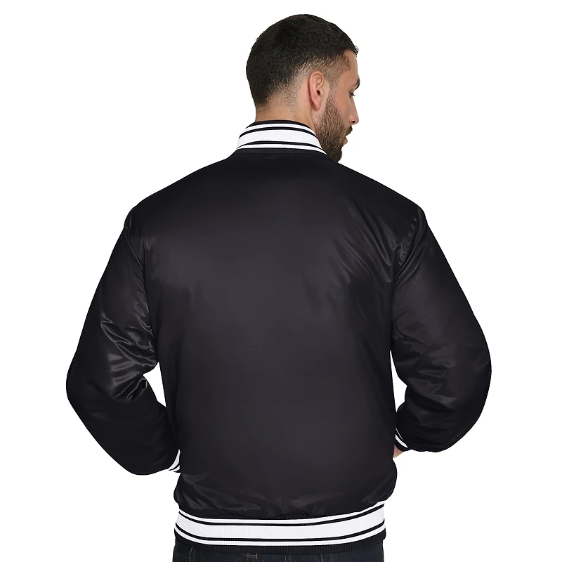 Veste universitaire noire Starter pour homme, modèle Final Buzzer des New York Knicks, en satin à boutons-pression.