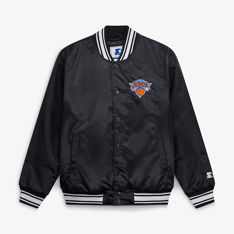 Veste universitaire noire Starter pour homme, modèle Final Buzzer des New York Knicks, en satin à boutons-pression.
