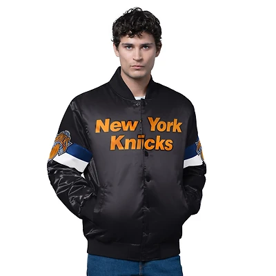 Veste blanche Starter pour homme des New York Knicks, triple option universitaire, en satin à boutons-pression