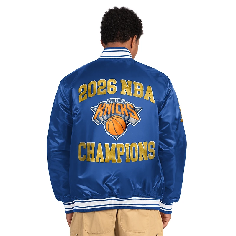 Veste universitaire Starter bleue pour homme, New York Knicks, champions des finales NBA 2026, en satin à boutons-pression.