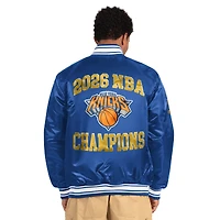 Veste universitaire Starter bleue pour homme, New York Knicks, champions des finales NBA 2026, en satin à boutons-pression.