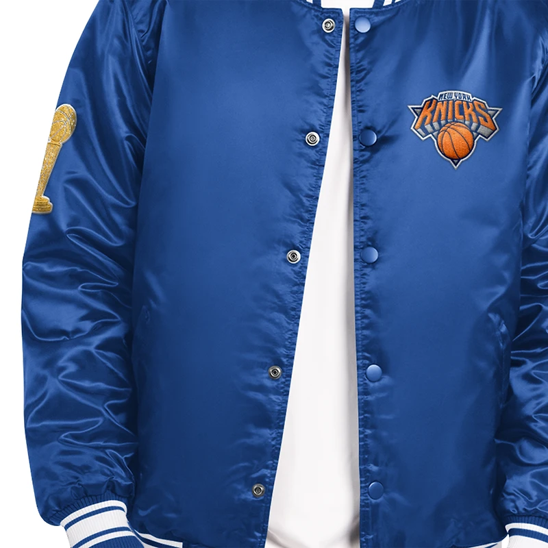 Men's Starter Blue New York Knicks 2026 NBA Finals Champions Satin Full-Snap Varsity Jacket