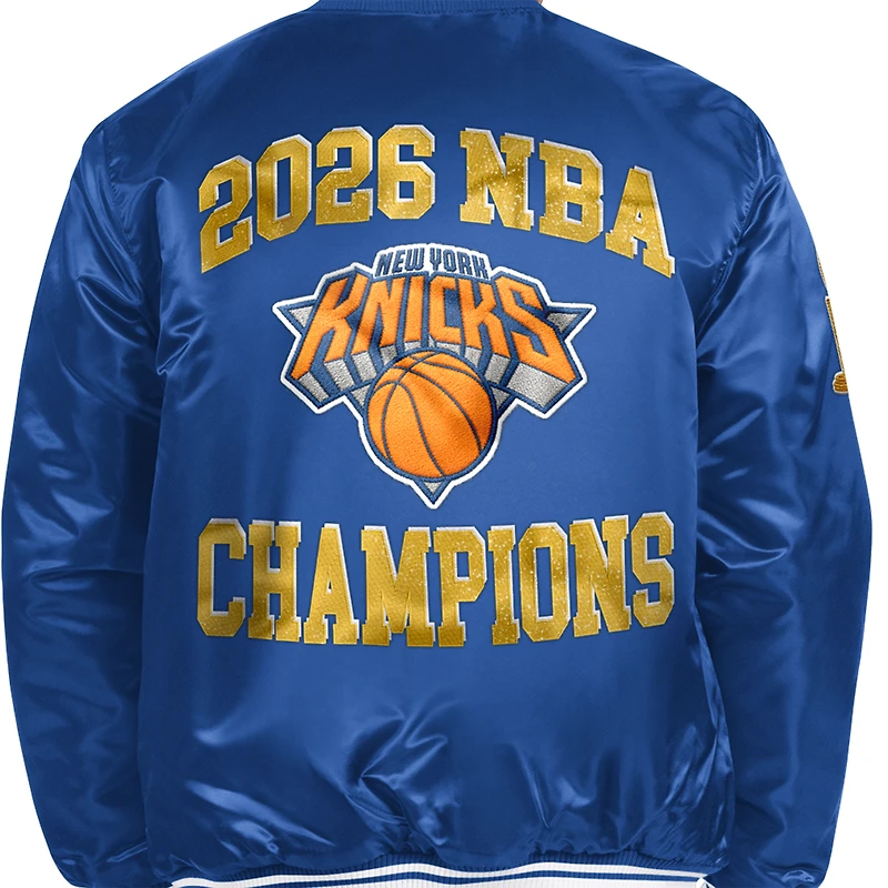Veste universitaire Starter bleue pour homme, New York Knicks, champions des finales NBA 2026, en satin à boutons-pression.