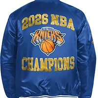 Veste universitaire Starter bleue pour homme, New York Knicks, champions des finales NBA 2026, en satin à boutons-pression.