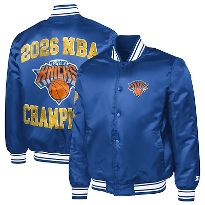 Men's Starter Blue New York Knicks 2026 NBA Finals Champions Satin Full-Snap Varsity Jacket