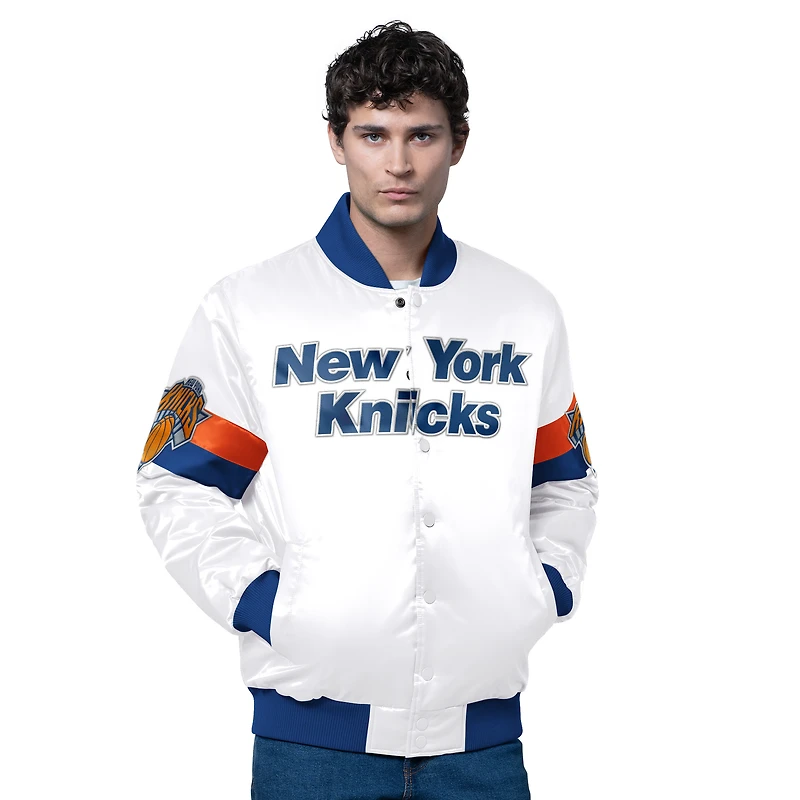 Veste blanche Starter pour homme des New York Knicks, triple option universitaire, en satin à boutons-pression