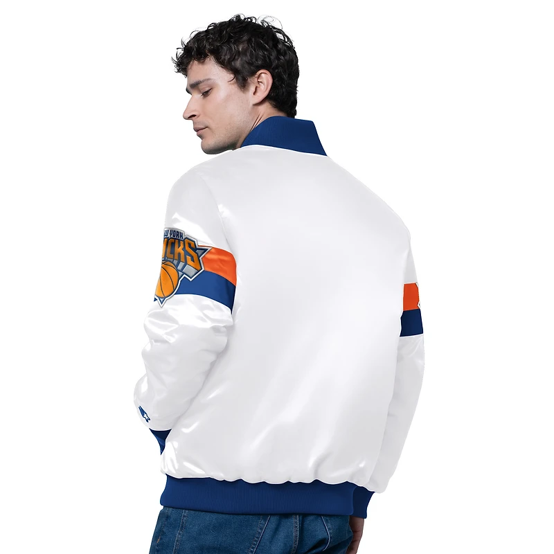 Veste blanche Starter pour homme des New York Knicks, triple option universitaire, en satin à boutons-pression
