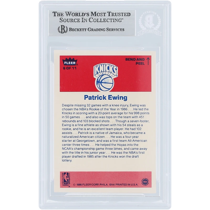 Carte de recrue authentifiée par Beckett Fanatics Witnessed, signée par Patrick Ewing, New York Knicks, saison 1986-87, autocollant Fleer n° 6