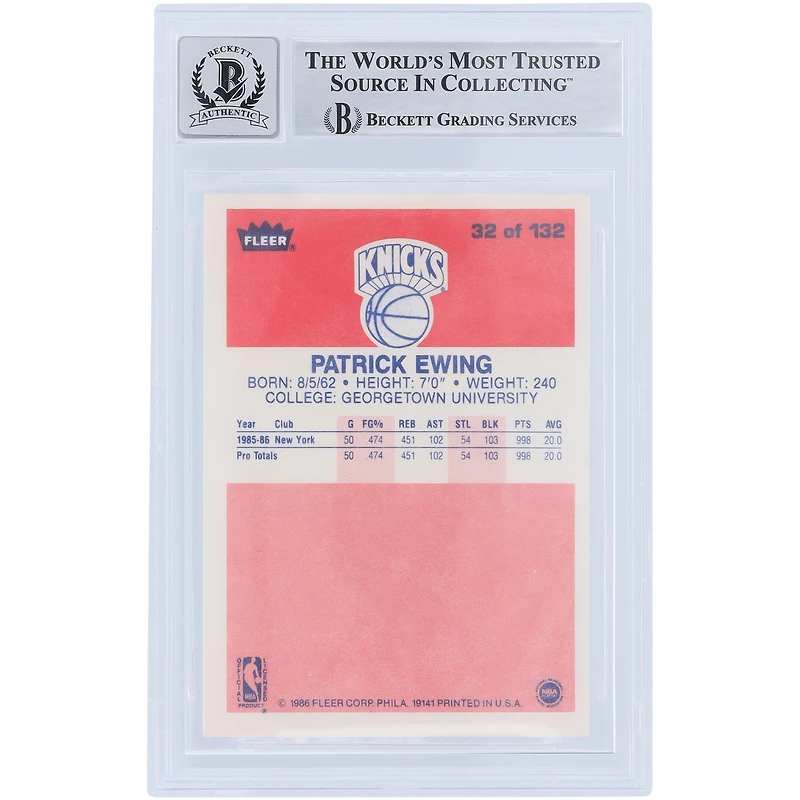 Patrick Ewing New York Knicks Autographié 1986 Fleer Série 1 #32 Beckett Fanatics Witnessed Authenticated 10 Rookie Card avec l'inscription "HOF 08"