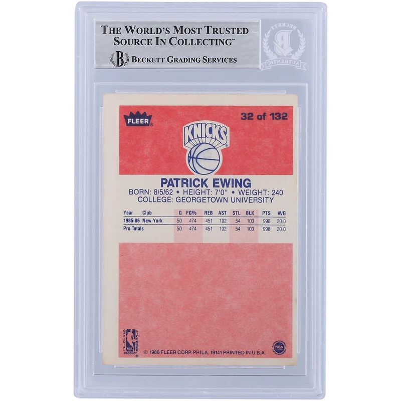 Patrick Ewing New York Knicks Autographié 1986 Fleer Série 1 #32 Beckett Fanatics Witnessed Rookie Card Authentifié