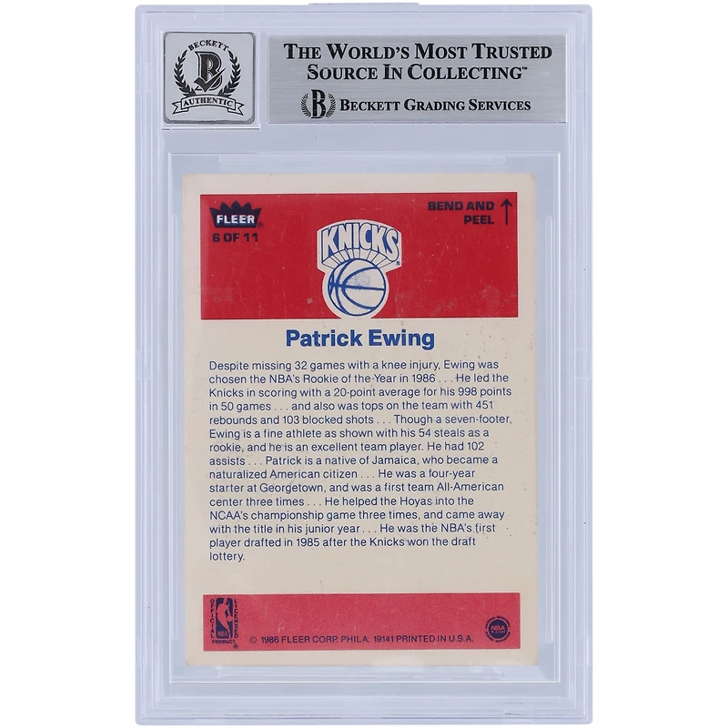Patrick Ewing New York Knicks Autocollant Fleer autographié 1986 #6 Beckett Fanatics a été témoin d'une carte recrue authentifiée 10