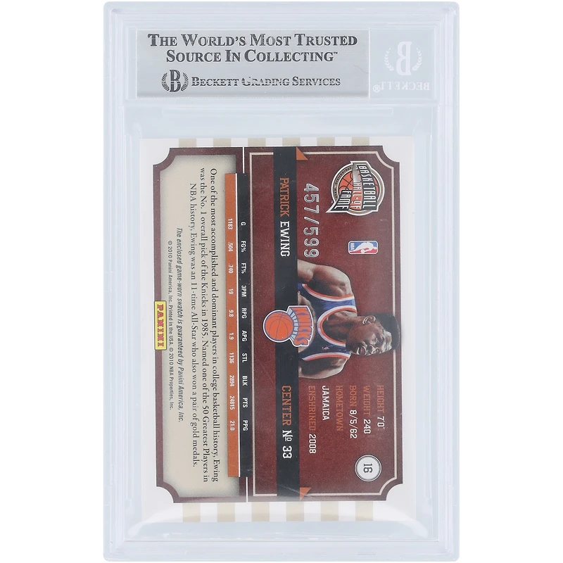 Carte authentifiée par Patrick Ewing (New York Knicks) – Saison 2009-2010 – Panini Hall of Fame Famed Fabric Jersey Relic n° 16/599 – authentifiée par Beckett Fanatics Witnessed