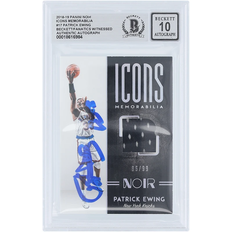 Carte authentifiée par Patrick Ewing (New York Knicks) – Collection Panini Noir Icons Memorabilia – Saison 2018-2019 – Numéro de série : IM-PEW /99 – Authentifiée par Beckett Fanatics Witnessed (n° 10).