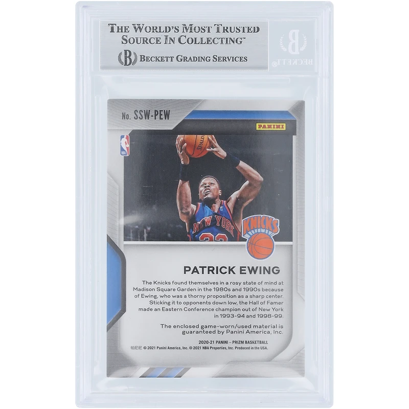 Carte authentifiée par Patrick Ewing (New York Knicks) – Collection Panini Prizm Sensational Swatches Jersey Relic 2020-21 #SSW-PEW – authentifiée par Beckett Fanatics Witnessed