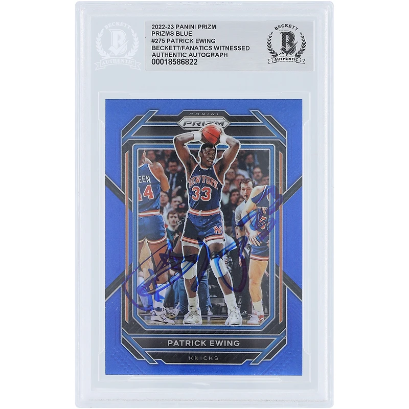 Carte autographiée de Patrick Ewing (New York Knicks) 2022-23 Panini Prizm Blue Prizm n° 275/199, authentifiée par Beckett Fanatics Witnessed.