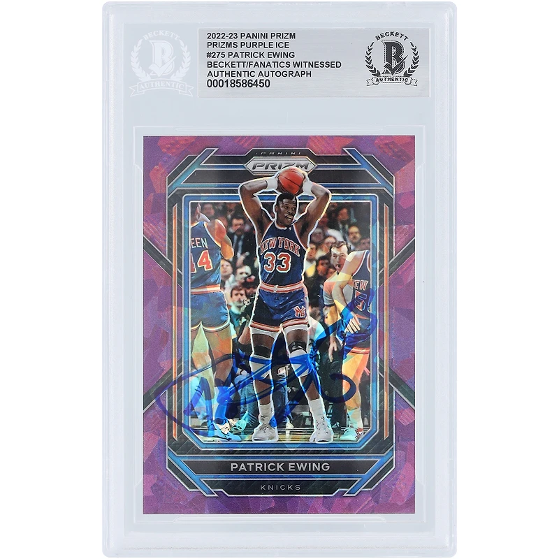 Carte autographiée de Patrick Ewing (New York Knicks) 2022-23 Panini Prizm Purple Ice Prizm n° 275/149, authentifiée par Beckett Fanatics Witnessed.