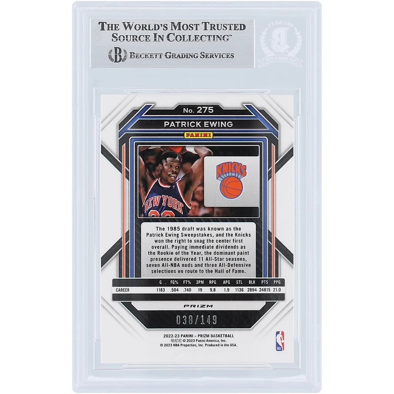 Carte autographiée de Patrick Ewing (New York Knicks) 2022-23 Panini Prizm Purple Ice Prizm n° 275/149, authentifiée par Beckett Fanatics Witnessed.