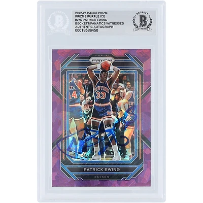 Carte autographiée de Patrick Ewing (New York Knicks) 2022-23 Panini Prizm Purple Ice Prizm n° 275/149, authentifiée par Beckett Fanatics Witnessed.