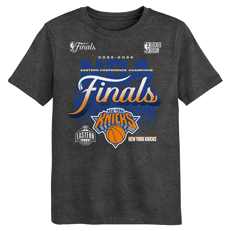 T-shirt authentique des vestiaires New York Knicks, champions de la Conférence Est NBA 2026, couleur anthracite, pour enfants d'âge préscolaire