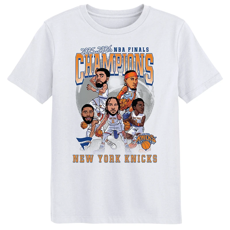 Preschool Fanatics White New York Knicks 2026 NBA Finals Champions Caricature T-Shirt