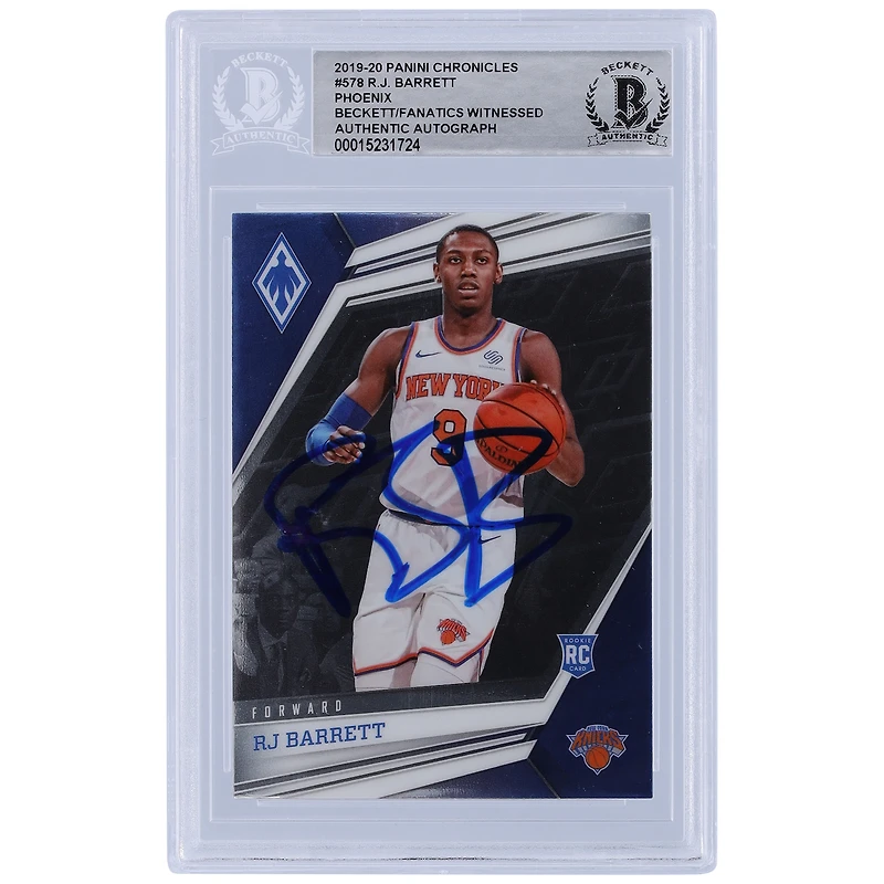 Carte de recrue authentifiée autographiée par RJ Barrett des New York Knicks Panini Chronicles Phoenix #578 Beckett 2019-20