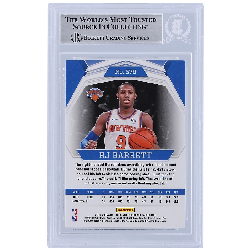 Carte de recrue authentifiée autographiée par RJ Barrett des New York Knicks Panini Chronicles Phoenix #578 Beckett 2019-20