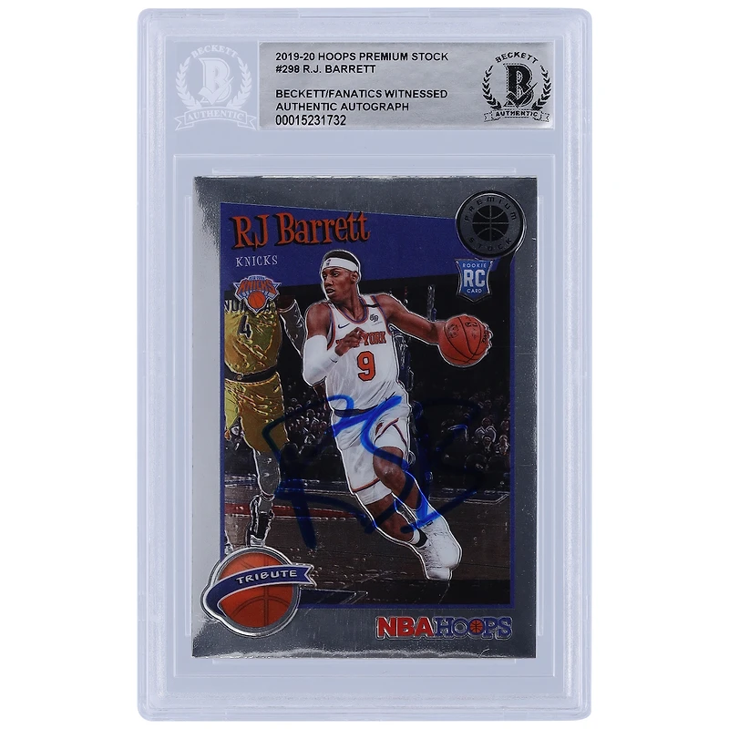 Carte de recrue authentifiée signée RJ Barrett New York Knicks Panini Hoops Premium Stock #298 Beckett Fanatics 2019-20
