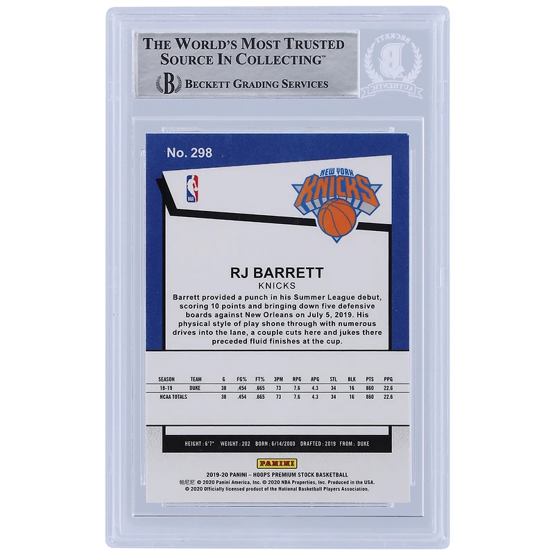 Carte de recrue authentifiée signée RJ Barrett New York Knicks Panini Hoops Premium Stock #298 Beckett Fanatics 2019-20