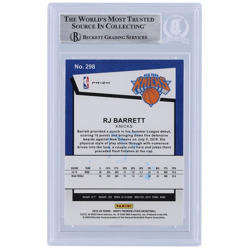 Carte de recrue authentifiée 2019-20 Panini Hoops Premium Stock Prizm Pulsar #298 Beckett Fanatics Witnessed Autographed Rookie Card par RJ Barrett New York Knicks
