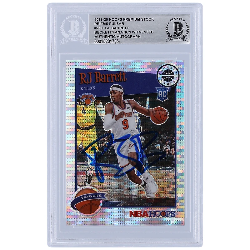 Carte de recrue authentifiée 2019-20 Panini Hoops Premium Stock Prizm Pulsar #298 Beckett Fanatics Witnessed Autographed Rookie Card par RJ Barrett New York Knicks