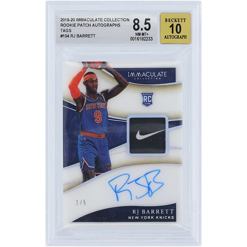 RJ Barrett New York Knicks Autographed 2019-20 Panini Immaculate Nike Swoosh Relic #104 #1/5 BGS Authenticated 8.5/10 Rookie Card